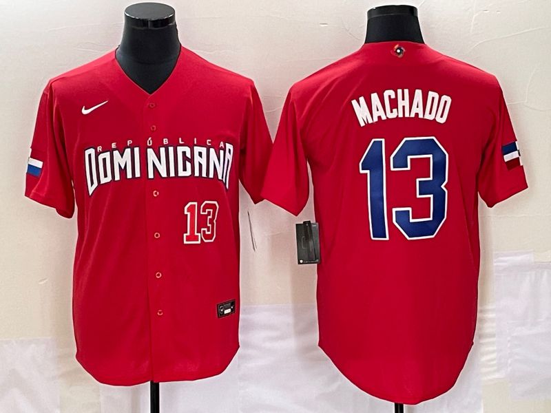 Men 2023 World Cub Dominicana 13 Machado Red Nike MLB Jersey5